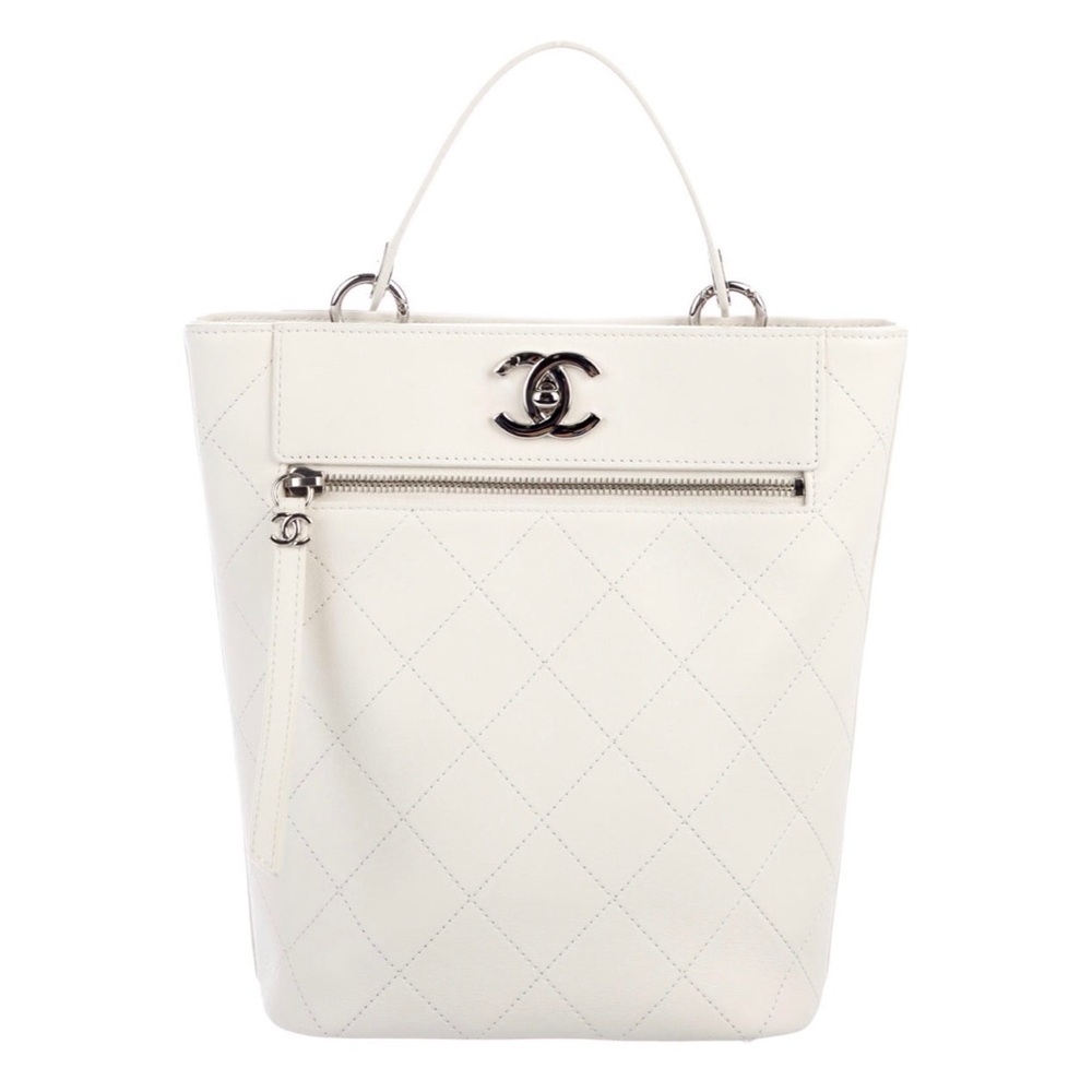 Chanel Sac Cordon top handle bucket quilted white leather silver hardware purse - Picture 3 of 15